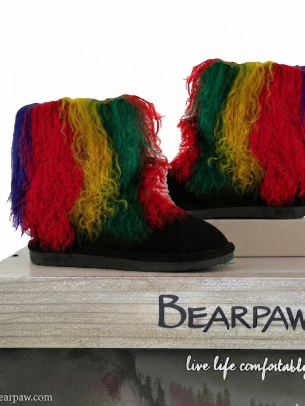 Bearpaw Boo Rasta Tie Dye Shearling Wool Curly Lamb Fur Boho Sherpa Boots 10 NEW